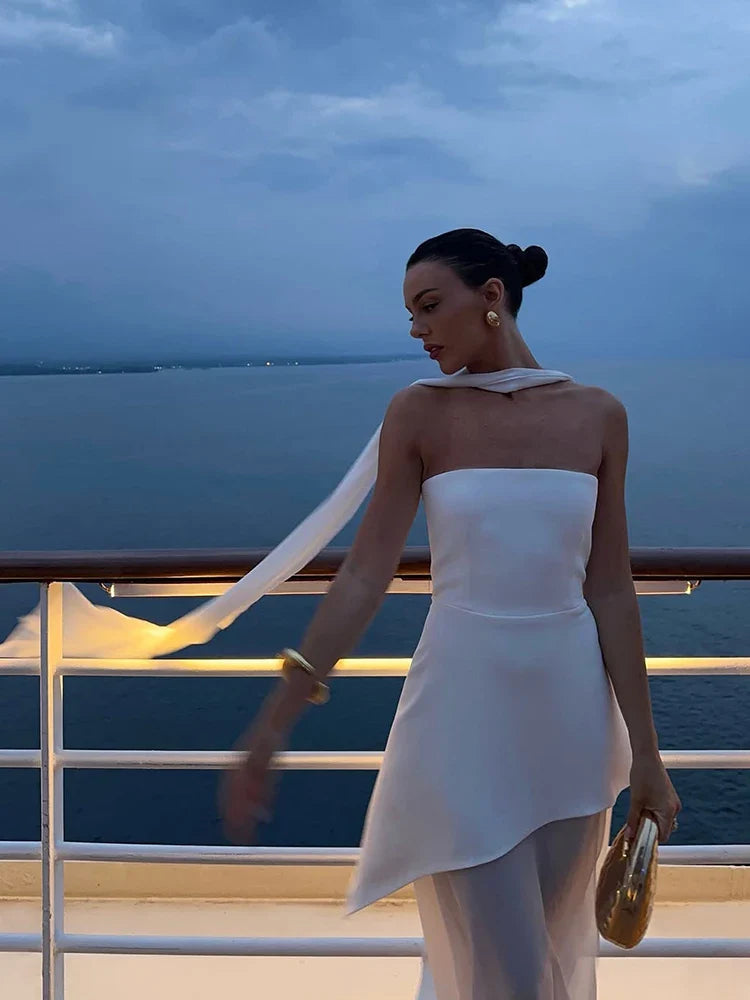 TARUXY Fashion Strapless Dress With Ribbon Female Elegant Sleeveless Mesh Beach Vacation Long Dress 2025 Spring New Women Dress