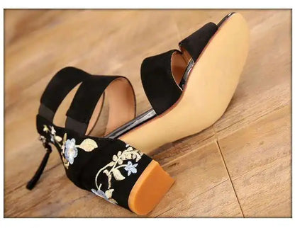 Ethnic Style Embroidered Mid-heel Sandals,  Summer Casual Thick Heels Elegant Vintage Open-toed Embroidered Shoes, Women's Shoes