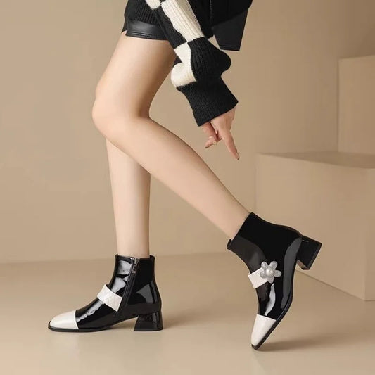 FHC Mixed Colors Ankle Boots,Women's Short Botas,Autumn/Winter Shoes Booties,Square Toe,Pearls,Side Zip,Black,White,Dropship
