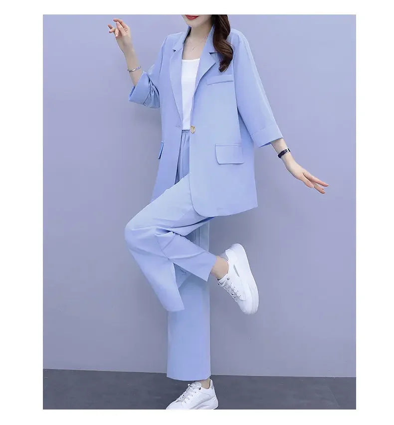2026 Women Spring New Casual Blazers Jacket Trousers Matching Set Korean Elegant Loose Suit Coat Pants Two Piece Female Clothing