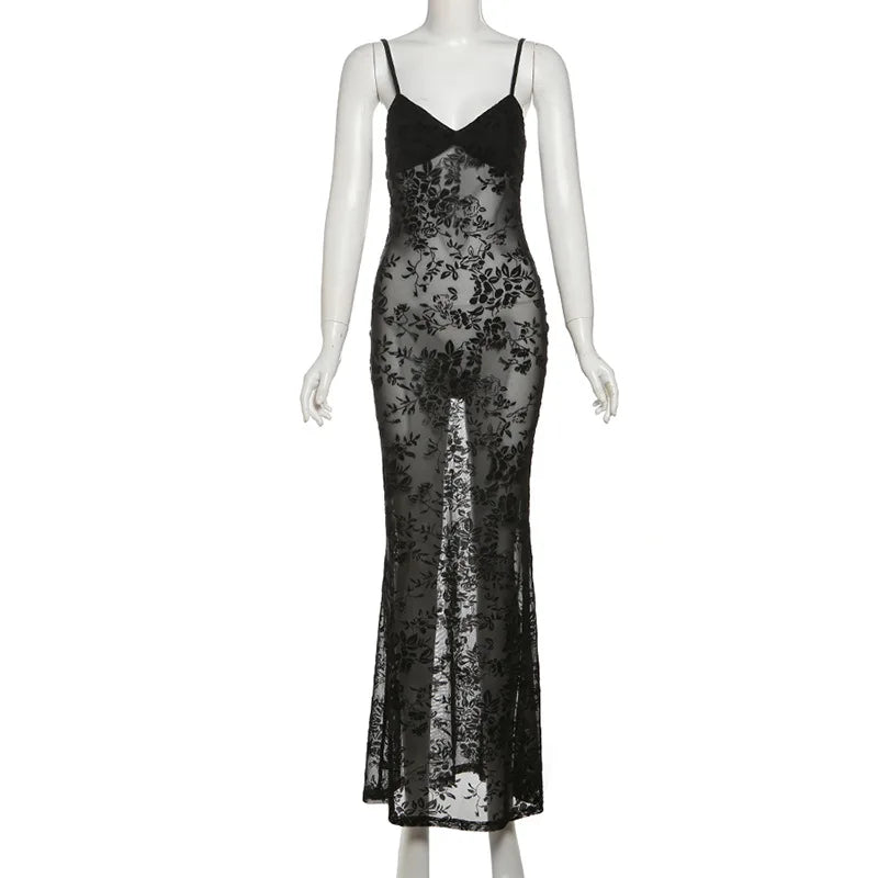 Elegant Sheer Floral Lace Maxi Dress for Women V Neck Spaghetti Strap Bodycon Floor Length Evening Party Prom Dresses