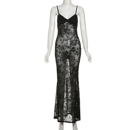 Elegant Sheer Floral Lace Maxi Dress for Women V Neck Spaghetti Strap Bodycon Floor Length Evening Party Prom Dresses