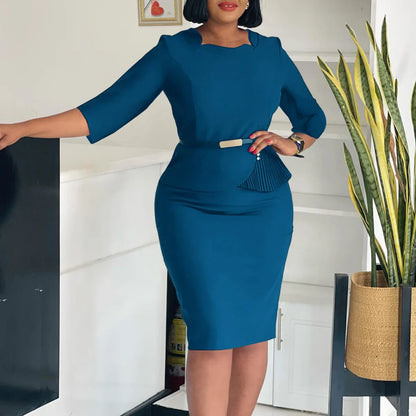 L-3XL Plus Size Elegant Midi Dress 2025 Spring Summer Women Office Lady Dress Casual 3/4 Sleeve Bandage Robe Oversize Dress
