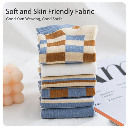 6 Pairs of Women's Spring and Summer Four Season Striped Plaid Fashion Trend Simple and Comfortable Sports Style Socks