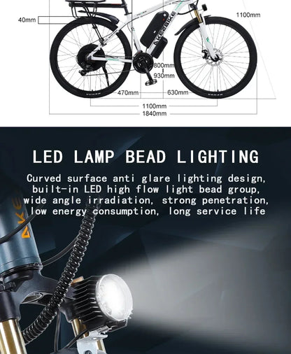 Ebike AKEZ 1000W CityElectricBike Detachable 13Ah Battery Electric Bike 60 Mile Range Dual Disc Brake Alloy Electric Bike