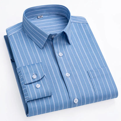 New Stretch Anti-Wrinkle Stripe Men's Shirts Long Sleeve Dress Shirts For Plaid Men Slim Fit Social Business Blouse Shirt S-5XL