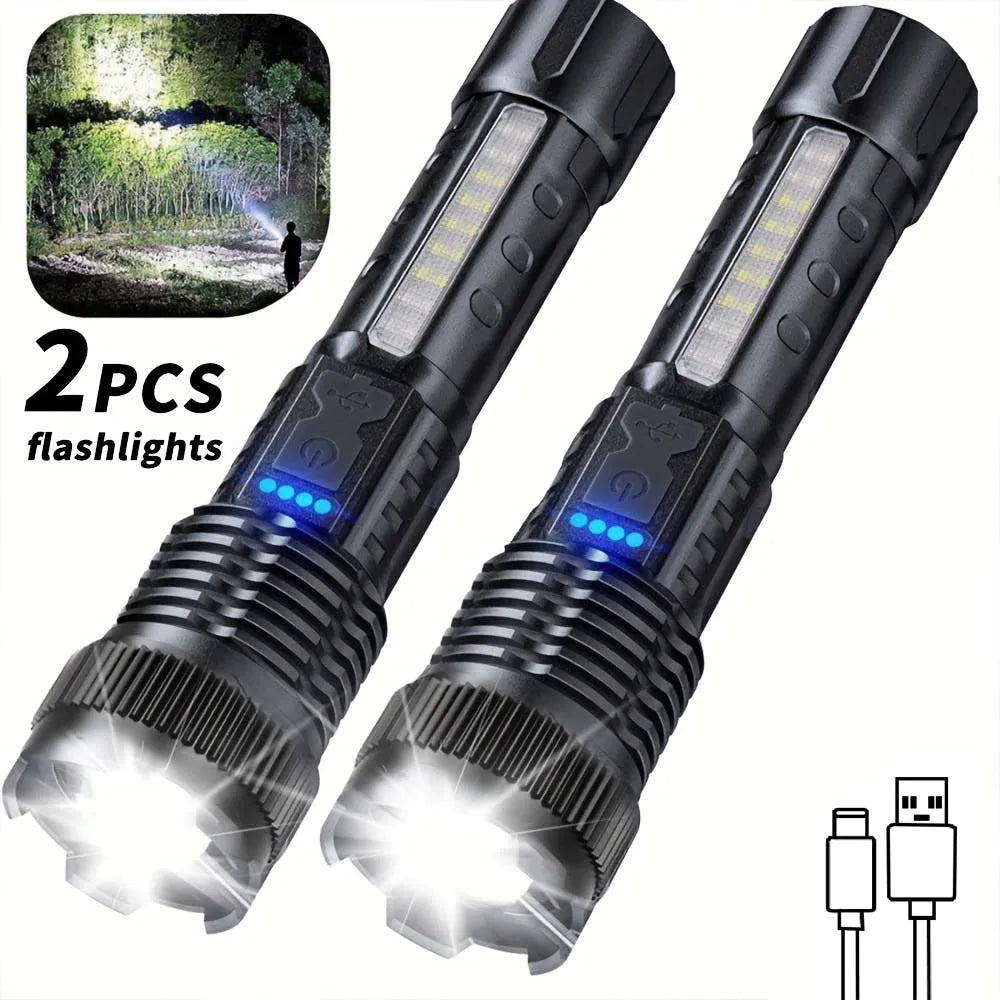 Rechargeable Zoomable LED Flashlight – 2-Pack, 200-500m Range, 5-8 Brightness Levels