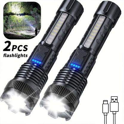 Rechargeable Zoomable LED Flashlight – 2-Pack, 200-500m Range, 5-8 Brightness Levels