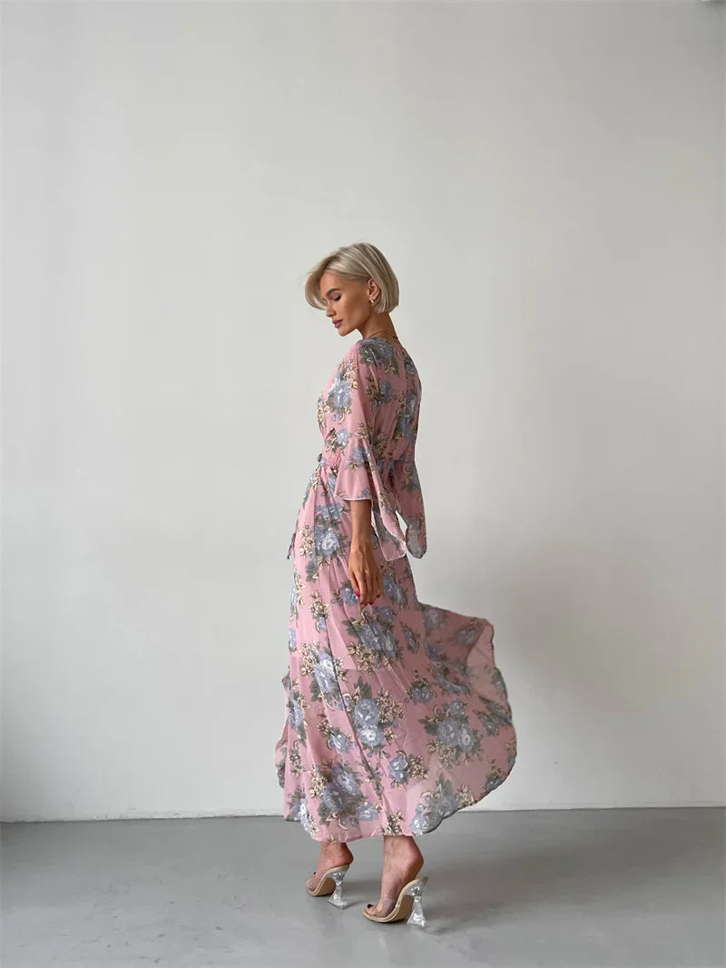 Elegant Bodycon Chiffon Maxi Dress Women Bandage Sexy Side Slit Beach Dress White Pink Floral Summer Long Dresses For Women 2024
