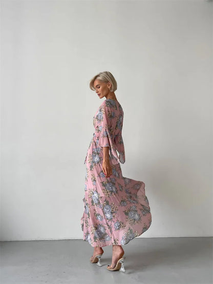 Elegant Bodycon Chiffon Maxi Dress Women Bandage Sexy Side Slit Beach Dress White Pink Floral Summer Long Dresses For Women 2024
