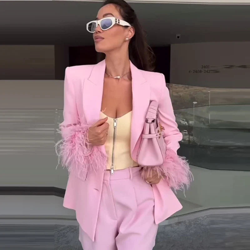 HXAO Woman Suits Blazer And Pants Feathe Long Sleeve Formal Pants Sets 2 Piece Set Office Casual Pink Suit Blazer Sets Two-Piece