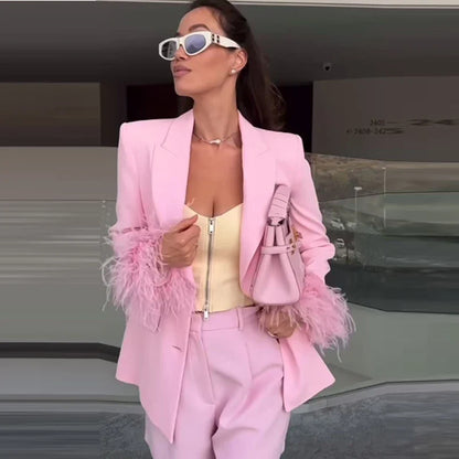 HXAO Woman Suits Blazer And Pants Feathe Long Sleeve Formal Pants Sets 2 Piece Set Office Casual Pink Suit Blazer Sets Two-Piece
