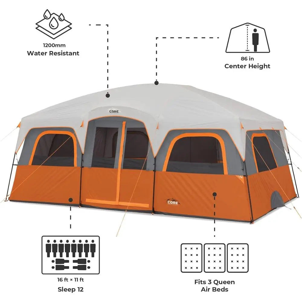 10-12 Person Multi-Room Cabin Tent – Family Camping Tent with Rainfly & Room Divider