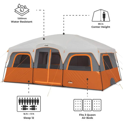 10-12 Person Multi-Room Cabin Tent – Family Camping Tent with Rainfly & Room Divider