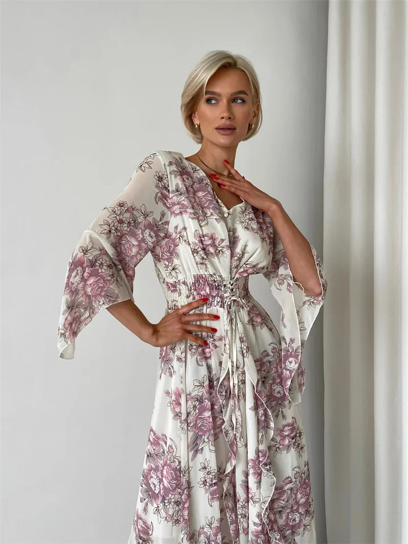 Elegant Bodycon Chiffon Maxi Dress Women Bandage Sexy Side Slit Beach Dress White Pink Floral Summer Long Dresses For Women 2024