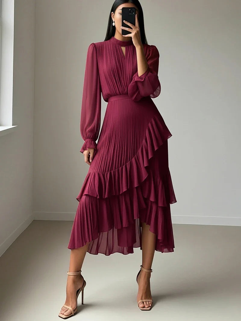 Elegant Ruffle Long Sleeve Dress for Women Chic Spring Summer Layered A Line Dress Lady Pleated Verstidos Prom Party Gowns