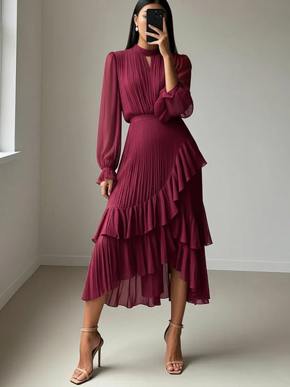 Elegant Ruffle Long Sleeve Dress for Women Chic Spring Summer Layered A Line Dress Lady Pleated Verstidos Prom Party Gowns