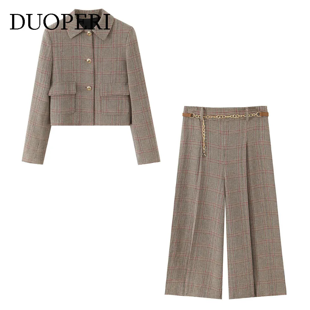 DUOPERI Women's 2 Piece Set Plaid Single Breasted Blazer & Side Zipper Calf-Length Trousers Casual Female Chic Lady Pants Sets