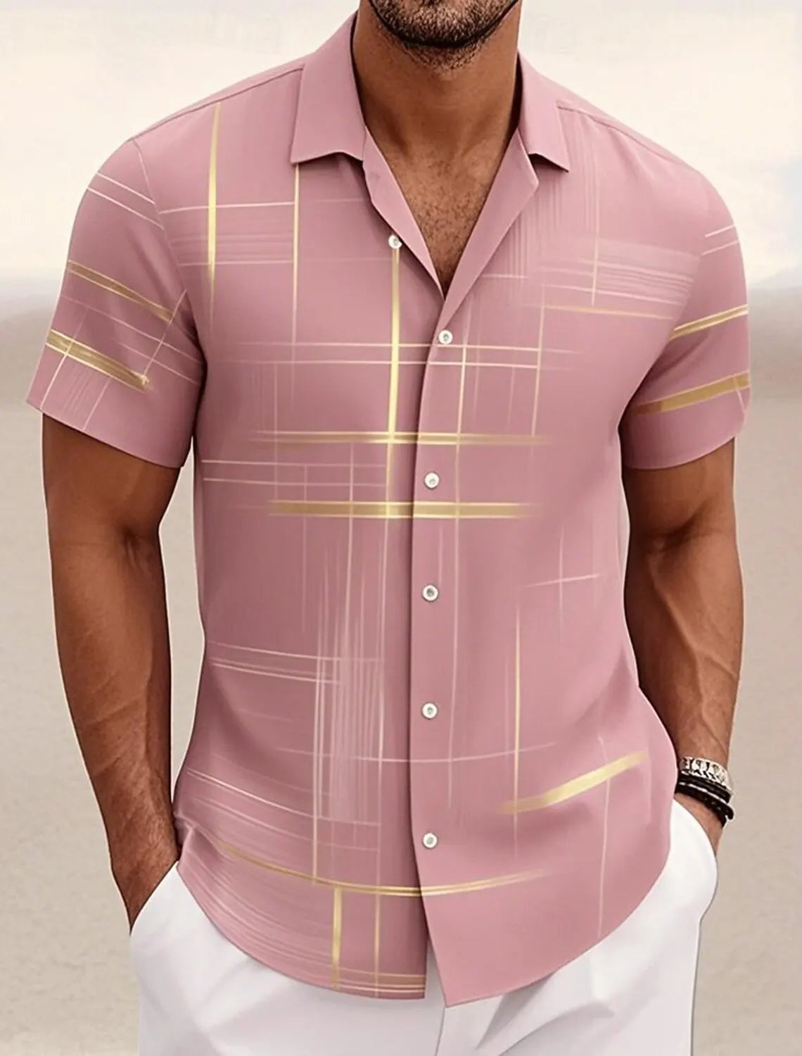 Summer Men's Geometric Grid  Plaid Shirts Short Sleeve Turndown Hawaiian Shirt Button Up Shirts No Pockets Shirts