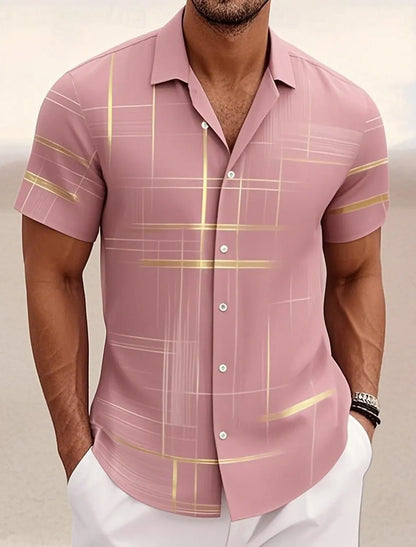 Summer Men's Geometric Grid  Plaid Shirts Short Sleeve Turndown Hawaiian Shirt Button Up Shirts No Pockets Shirts
