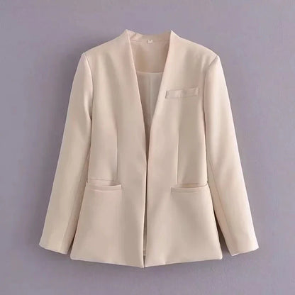KONDALA Office Lady Beige Women Suits Long Sleeve V Neck Oversized Blazer+High Waist Wide Leg Pants Fashion 2025 Vintage Sets