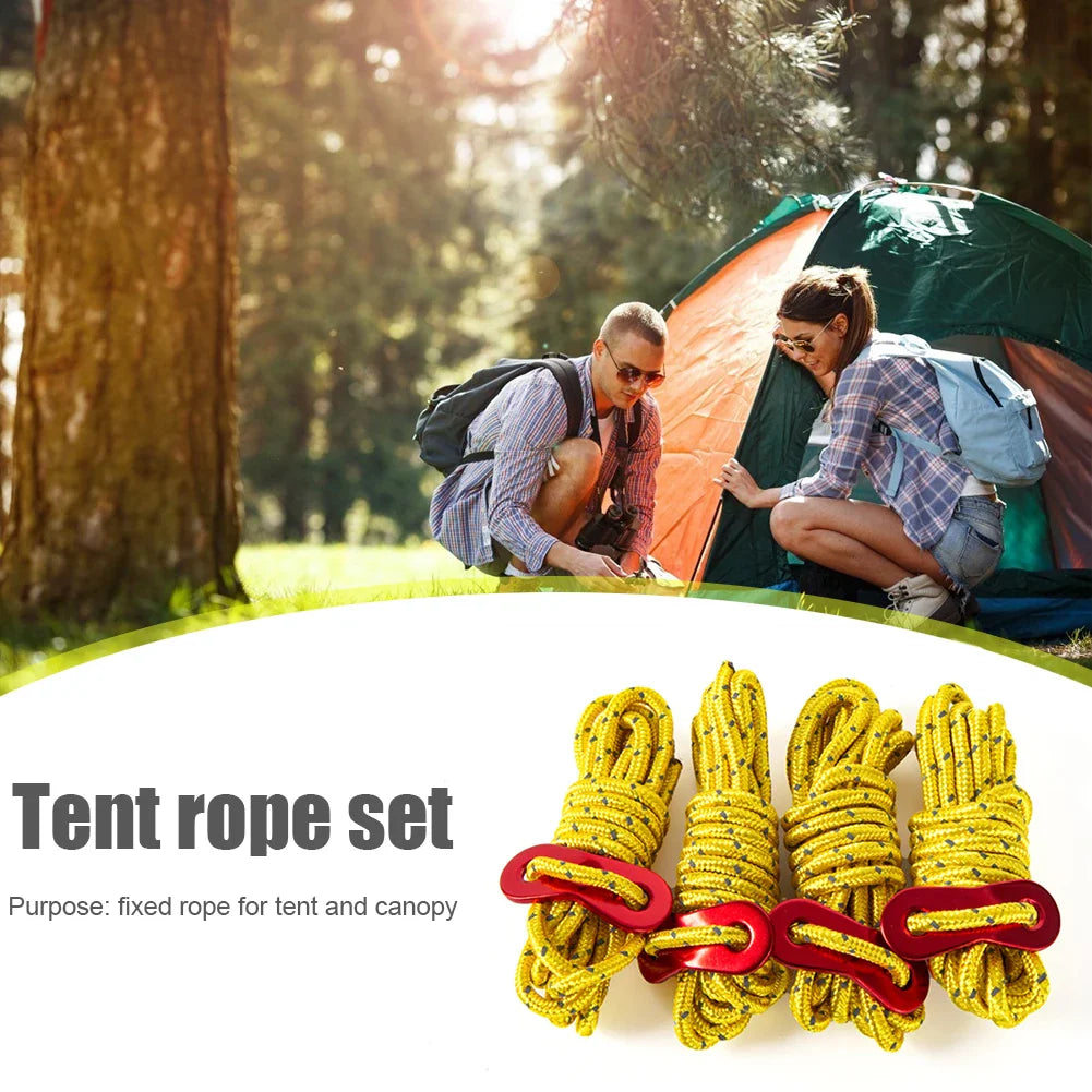 Reflective Tent Guy Ropes – 4pcs, 4mm × 2m, High-Strength with 2-Hole Tensioner Buckle
