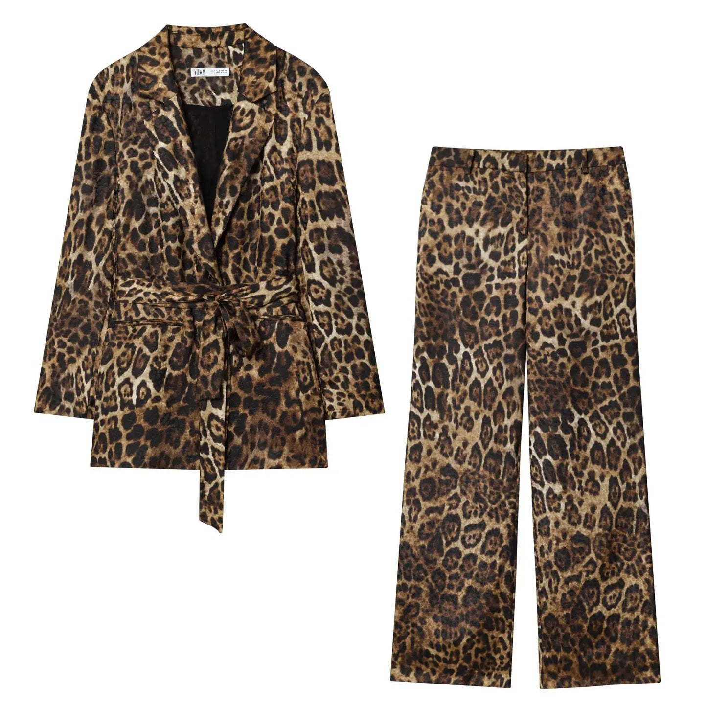 HH Women Autumn 2-Piece Set Chic Leopard Print Turn-Down Collar Pockets Belt Design Blazers+High Waist Zipper Wide-Leg Pants