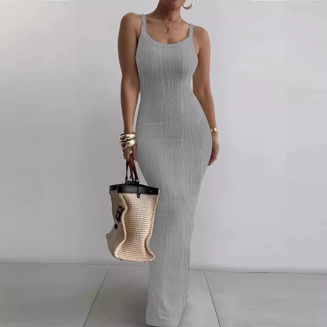CM.YAYA Summer Women Sleeveless Strap O-neck Sexy 2024 Summer Long Evening Dress Knit Ribbon Night Club Party Maxi Dresses