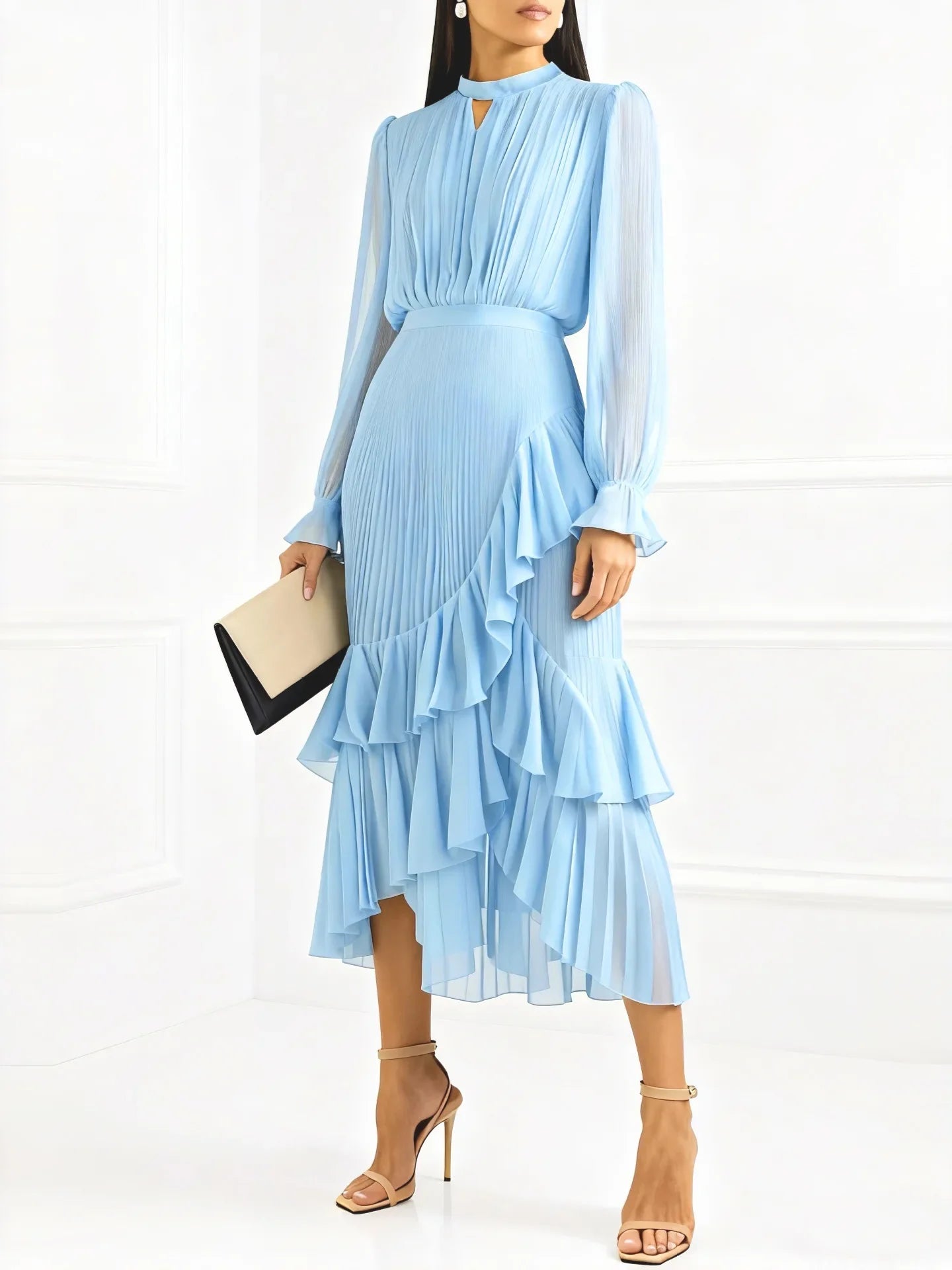 Elegant Ruffle Long Sleeve Dress for Women Chic Spring Summer Layered A Line Dress Lady Pleated Verstidos Prom Party Gowns