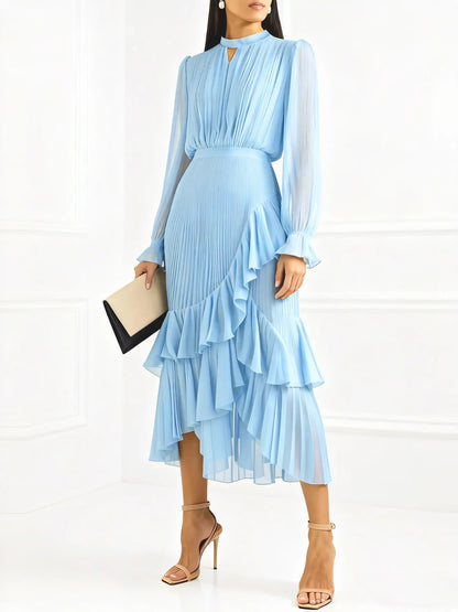 Elegant Ruffle Long Sleeve Dress for Women Chic Spring Summer Layered A Line Dress Lady Pleated Verstidos Prom Party Gowns