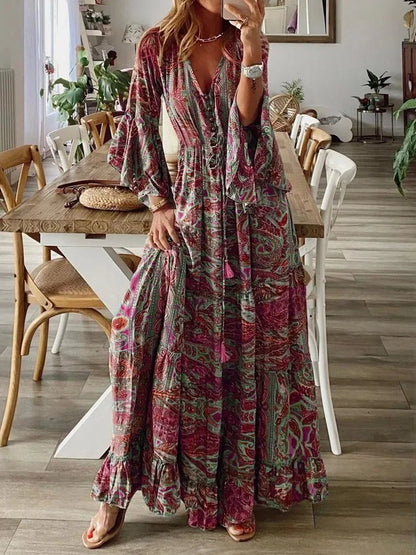 Spring Autumn Fashion Women's Dress Bohemian Style Retro Printed V-neck High Waist Bell Sleeve  Loose Casual Floral Long Dress