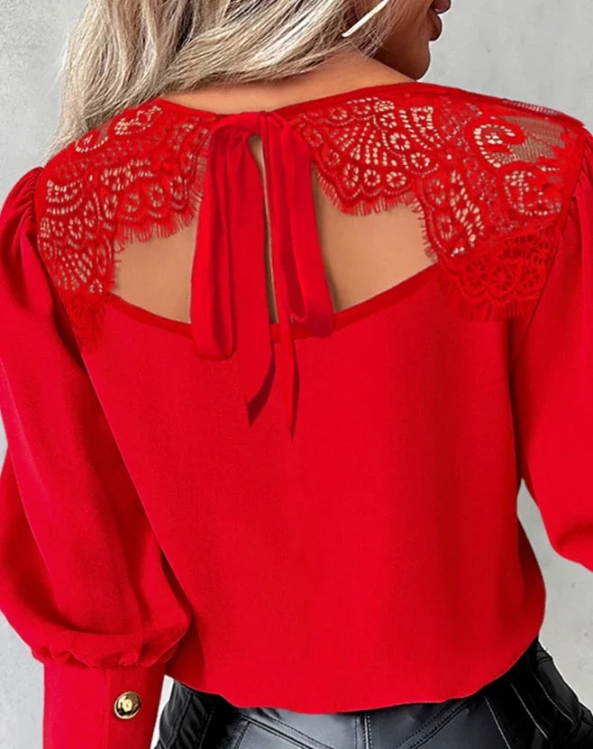 Female Clothing T-Shirts Pullover Tops Sexy Eyelash Lace Patch Tied Detail Top 2023 Autumn Winter Spring New Fashion Casual