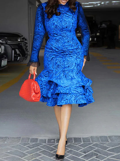 Long Sleeve Midi Dress Woman Ruffled Around Sexy Tight Dress with Lace Sleeves Elegant Party Girl Dress Dropshipping Wholesale