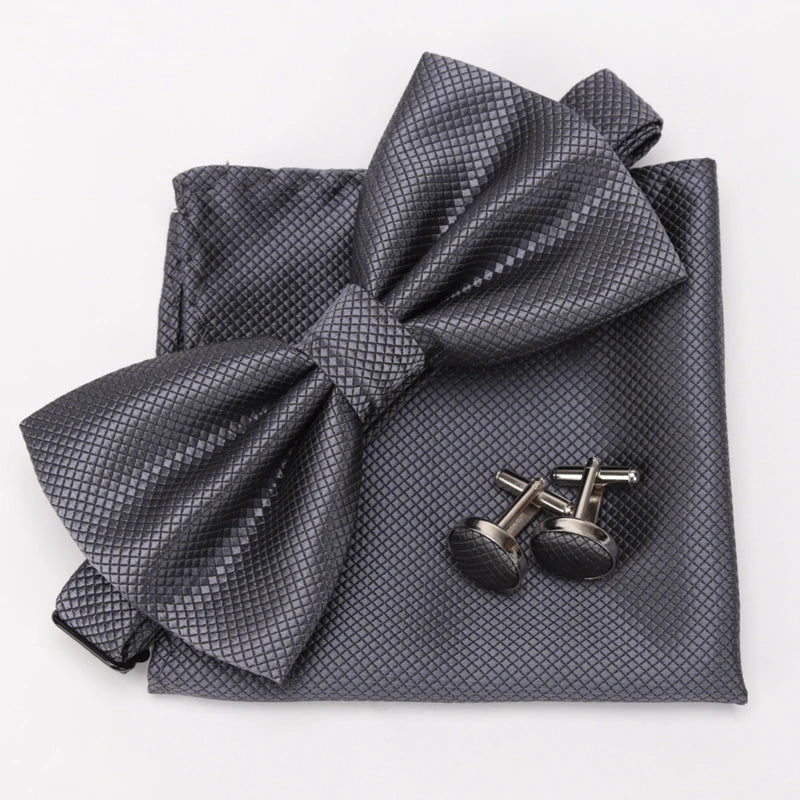 Multicolor Bowtie Pocket Square Cufflinks Sets Classic Solid Color  Bowtie Wedding Party Formal Gift Plaids Adjust Neck Bow Tie
