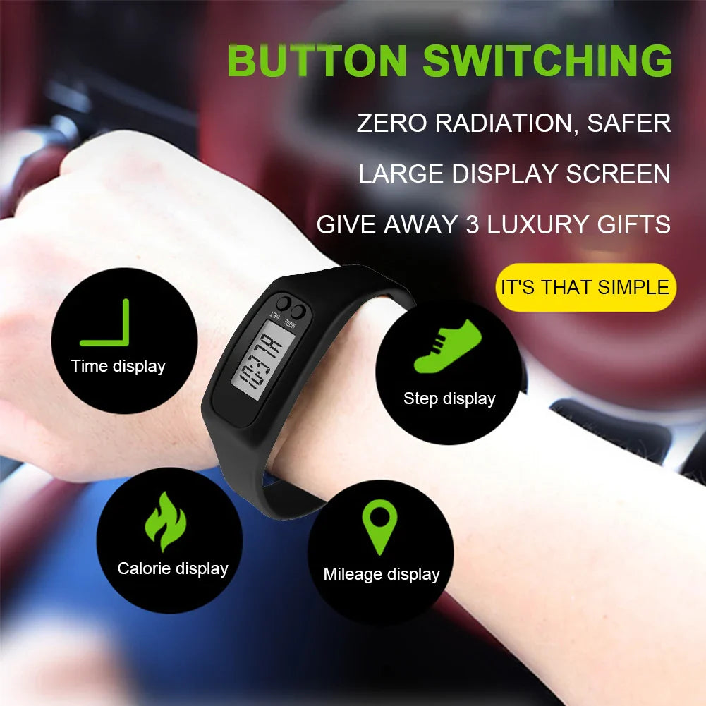 LED Pedometer Fitness Bracelet – Step Counter, Calorie Tracker, 12/24H Clock, 3 Colors