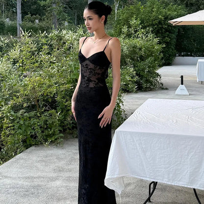 Elegant Sheer Floral Lace Maxi Dress for Women V Neck Spaghetti Strap Bodycon Floor Length Evening Party Prom Dresses