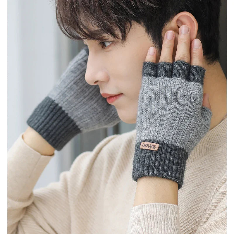 Men Winter Fingerless Half Finger Knitted Gloves Office Knitted Warm Exposed Finger Thick Gloves Elastic Driving Gloves