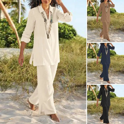 Spring Autumn Plus Size Women's Solid Color Chinese Style Retro Pants Set Cotton Linen Casual Long Sleeved Loose Cotton Set
