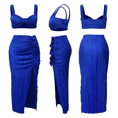 Summer Dresses for Women Two Pieces Set Sexy Backless Halter Top and High Waist Side Slit Pleated Skirt Matching Lady Streetwear