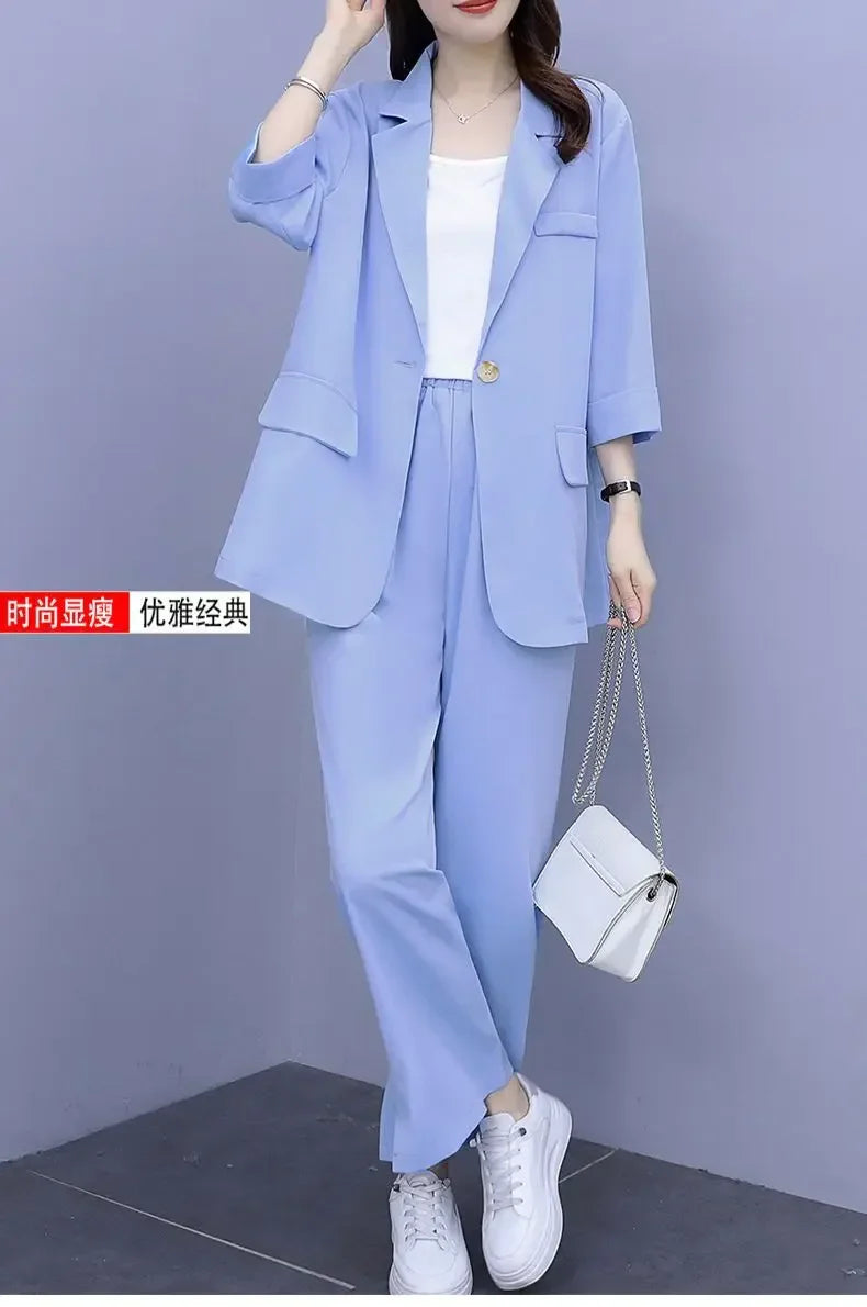 2026 Women Spring New Casual Blazers Jacket Trousers Matching Set Korean Elegant Loose Suit Coat Pants Two Piece Female Clothing
