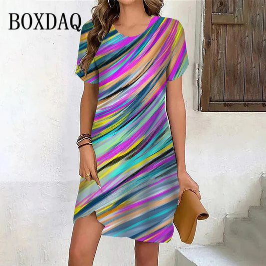 New Summer Fashion Gradient Rainbow Stripe Short Sleeve Dresses For Women 2024 Plus Size Casual O-Neck Print Loose Party Clothes