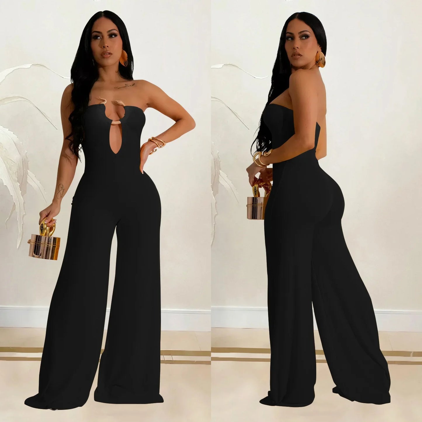 Summer Sexy Backless Women's Jumpsuit Fashionable Slim Fit Elegant Package hip Wide Leg Long Pants Female Party Jumpsuit 2025