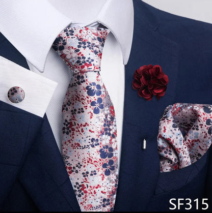 Luxury Mens Ties Floral Black Gold Ties Paisley NeckTie Pocket Square Cufflinks Brooch Set Men's Wedding Party Tie