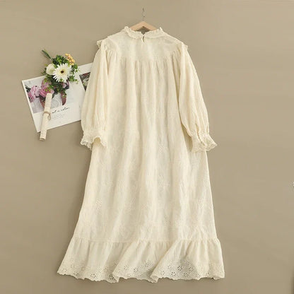 Spring Sweet Mori Girl Hollow Out Embroidered Dress Women Harajuku Long Sleeve Casual Midi Dresses