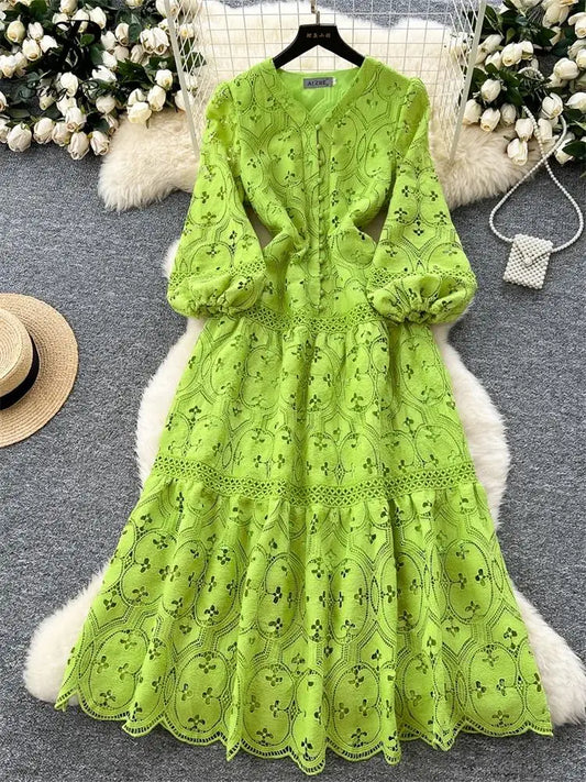 Spring French Vacation Fashion Dress Women Buttons Hook Flower Hollow Out Design 2025 High Quality Lace Ruffles Long Dress
