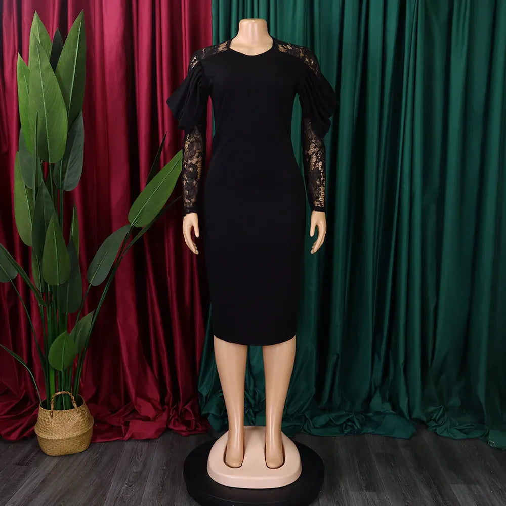 Sexy Bodycon Dresses for Women O Neck Lace Sleeve Sheath Package Hips Mid Calf Female Luxury Birthday Party Dinner Vestidos