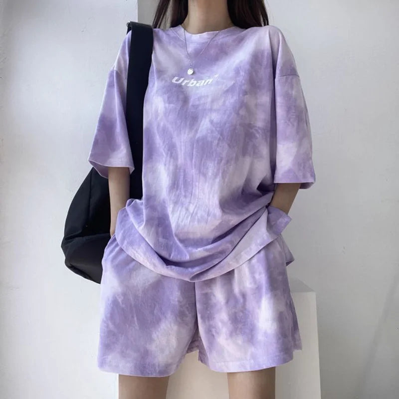 Women T-Shirt Shorts Suit Set Casual Tie Dye Loose t-shirt and wide leg middle shorts with pockets female Soft Summer Shorts Sets