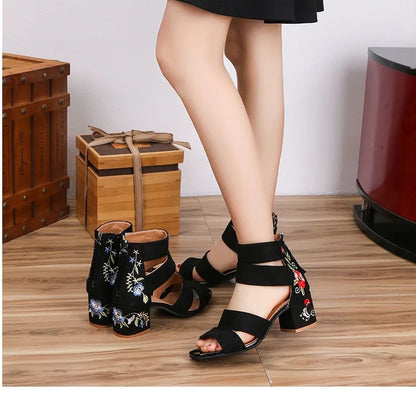 Ethnic Style Embroidered Mid-heel Sandals,  Summer Casual Thick Heels Elegant Vintage Open-toed Embroidered Shoes, Women's Shoes