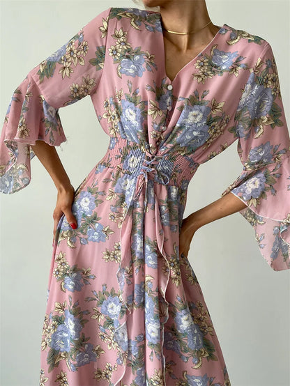 Elegant Bodycon Chiffon Maxi Dress Women Bandage Sexy Side Slit Beach Dress White Pink Floral Summer Long Dresses For Women 2024