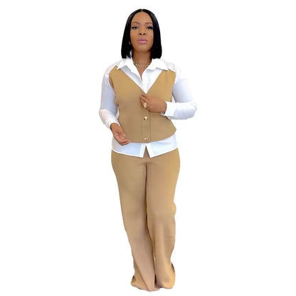 HLJ Elegant Lady Patchwork Shirts Two Piece Sets Women Lapel Long Sleeve Button Top And Pants Outfits Autumn OL 2pcs Clothing